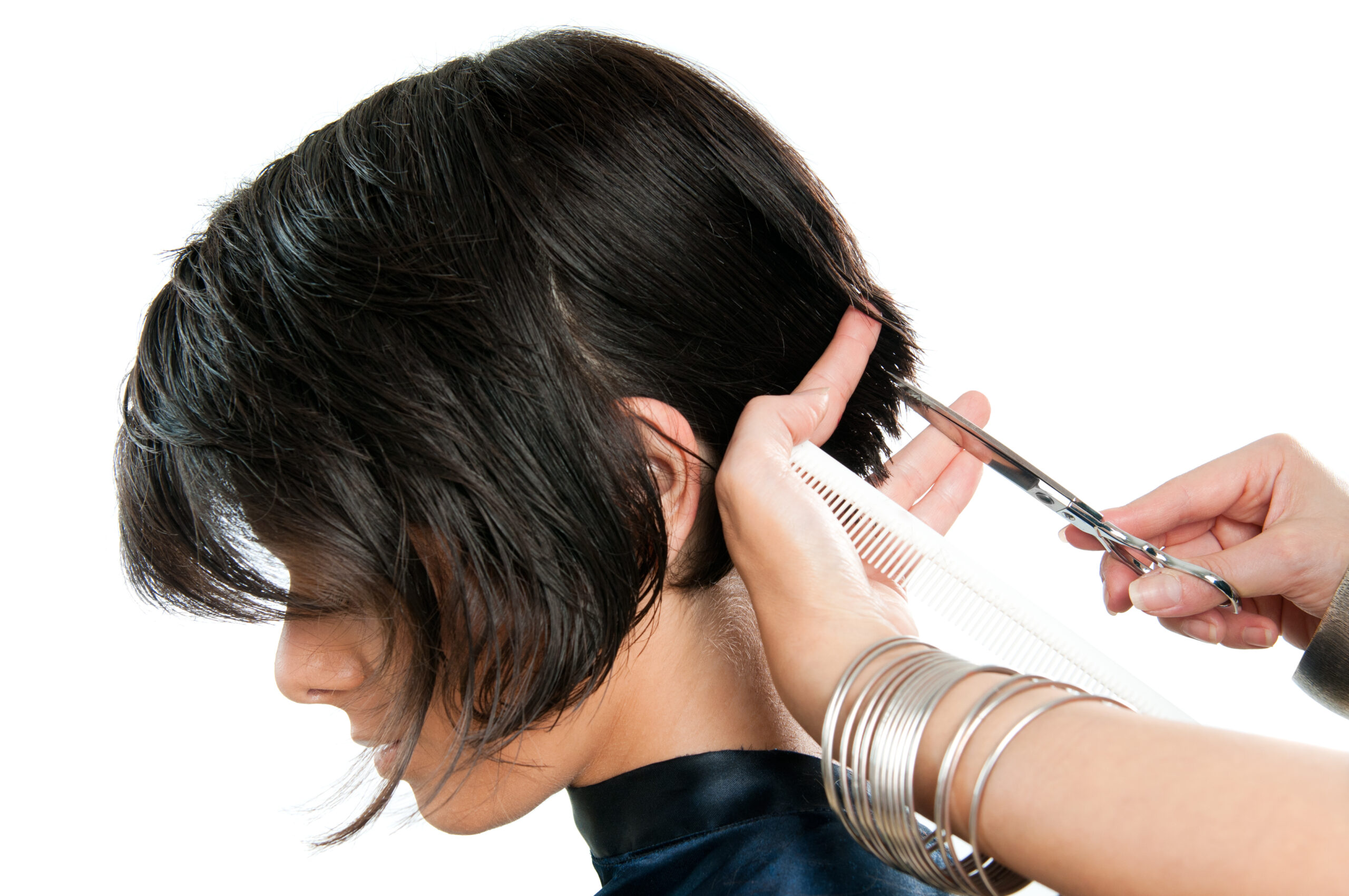 Young,Lady,Cutting,Hair,At,The,Hairdresser,Isolated,On,White